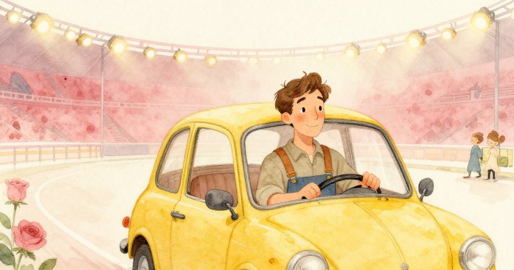 Glen 坐上黃色車輛輕踩油門，展露柔和微笑，場景光線穩定，環境寧靜，告別今日挑戰。