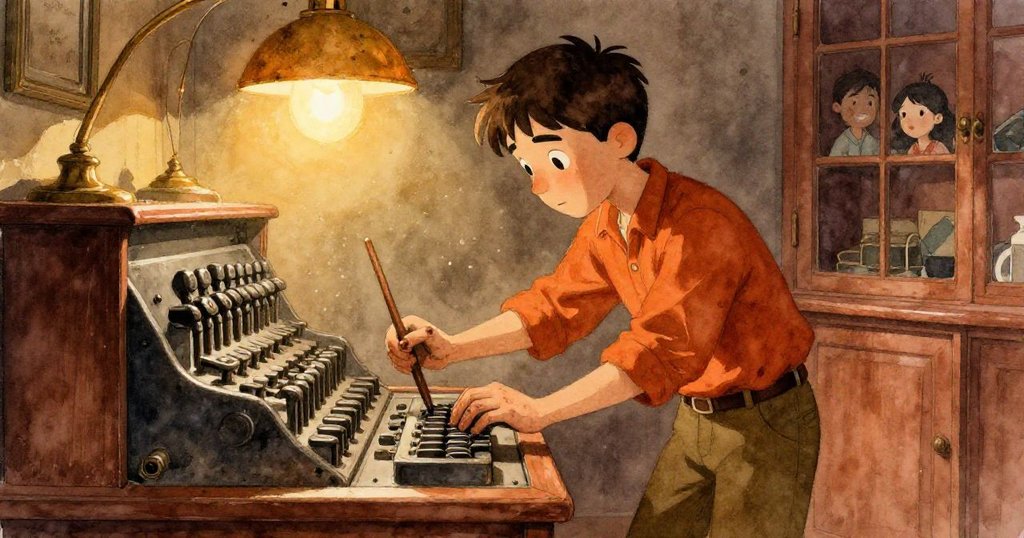 伊恩在昏暗印刷室內移動組版棒,周圍有老舊金屬字模與溫暖燈光,展現專注與懷舊氣氛。