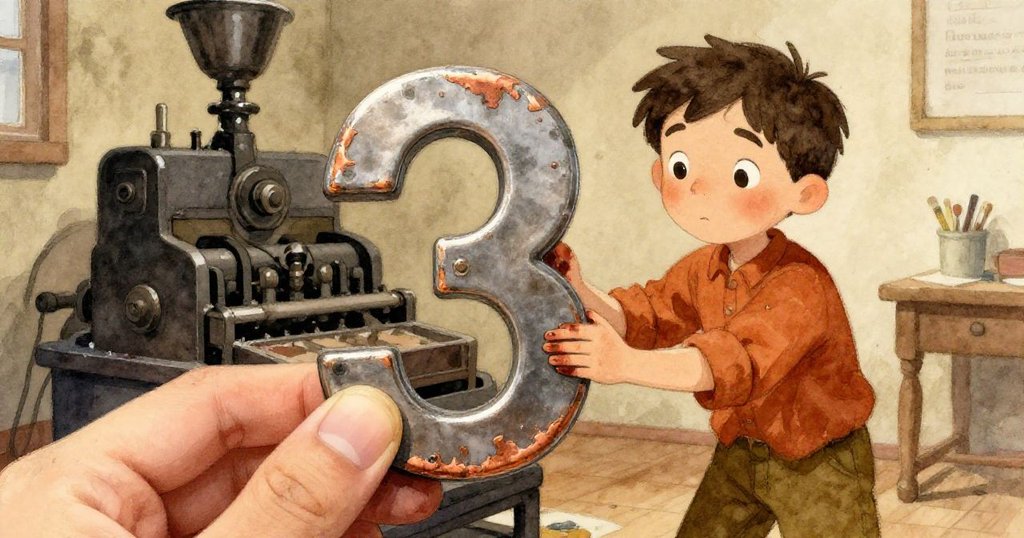 伊恩用墨跡染色的手仔細端詳破損的金屬數字3,展現驚訝表情與溫暖印刷室細節。