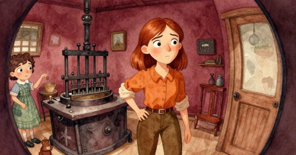 特絲進入印刷室,捲起袖子,眉毛微挑專注觀察印刷機運作,畫面有曲面扭曲效果,充滿神秘氣氛。