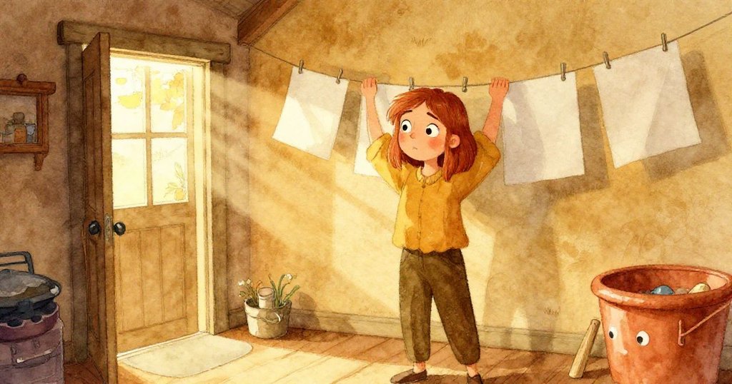 特絲在隱密儲藏室內掛放新鮮紙張,秋日斜陽透入,紙邊迎風微動,營造出愉悅與更新的感覺。