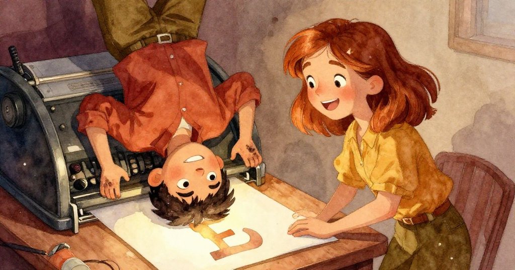 伊恩與特絲齊注視印有完美字母E的紙張,驚喜笑容洋溢,景象突顯誤打變驚喜的戲劇轉折。