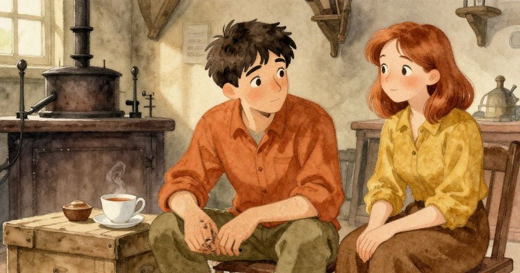 伊恩坐在木箱旁端著涼茶,特絲安詳站立,整間印刷室瀰漫著柔和溫暖光芒,呈現出寧靜結局的氛圍。