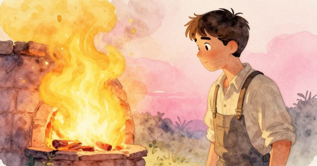 Zane 於明亮火光映襯下動作中將原木推入熔窯，剪影清晰呈現出專注與熱情，場景充滿溫暖與活力。