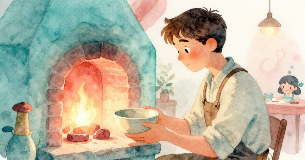 Zane 於窯房內細心檢視放於架上之淡白陶碗，周遭物品層次分明，映襯出窯火溫暖光輝與創作情懷。