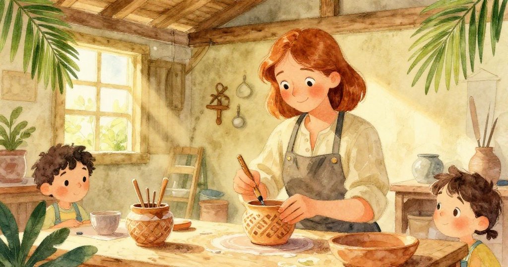 回憶中，Maeve 於棚屋內仔細排列雕有細緻格子紋的陶器，午後陽光柔和映照，流露出懷舊與專注的神情。