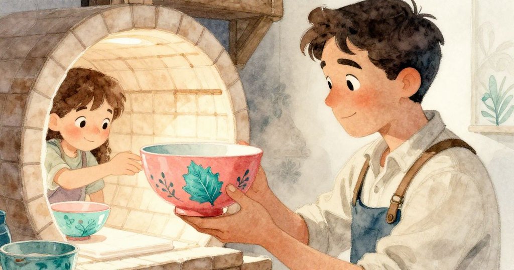 近距離中，Zane 專注檢視帶有神秘樹葉印記之陶碗，手指因熱感顯現微顫，旁有脆弱的桉樹枝輕輕飄過，氛圍充滿疑惑與緊張。