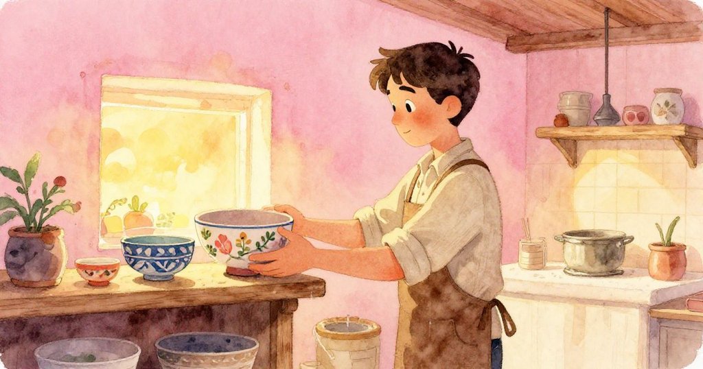 夕陽餘暉中，Zane 輕柔地將帶有樹葉印記之陶碗置於高架上，臉上流露出滿足神情，溫暖金光灑滿整個窯房。