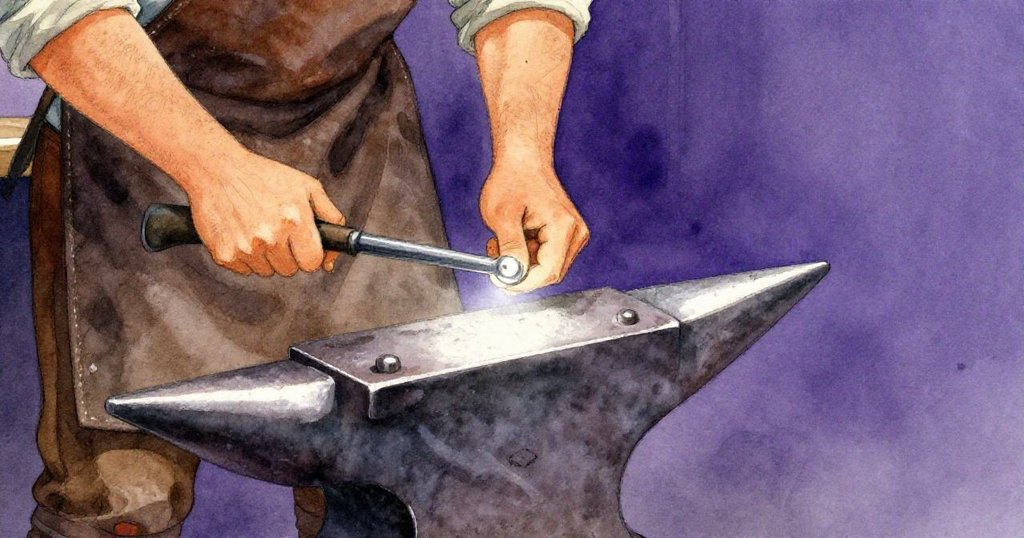 瑞德專注檢查放在鐵砧上的鐵條，他的手細細觀察著上面微妙的通熔劑與硼砂痕跡，神情認真。