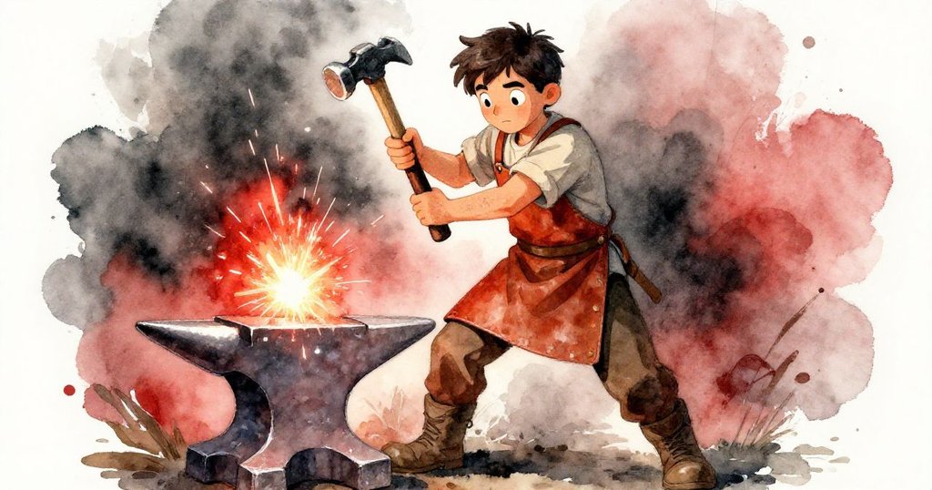 瑞德低角度揮動斜口錘擊打鐵砧，火花飛濺，臉上滿是決心與專注，整個鍛造房充滿金屬光澤。