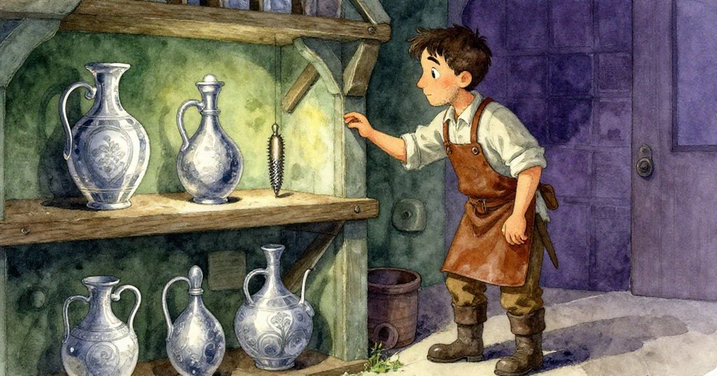 瑞德好奇地檢視鍛造房角落的架子，上面陳列著釉彩罐與重新掛置的刮刀，情緒略帶神秘。