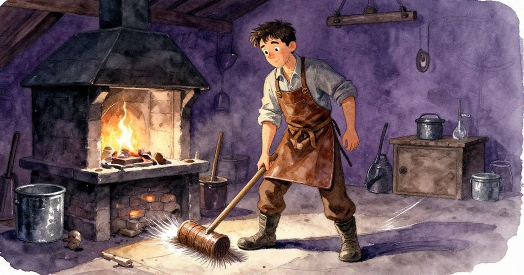 瑞德正忙著用掃帚清理鍛造房地面，木槌在他靴邊滾動，動態氣息濃厚，灰塵與金屬屑隨風飛揚。