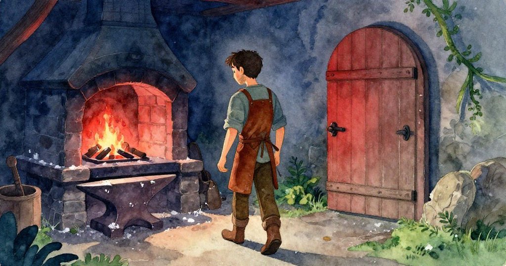 瑞德靜靜站在鍛造房邊緣，半掩門後展現歷史感，鐵砧上鹽痕閃爍，透露著勞作與回憶的沉思。