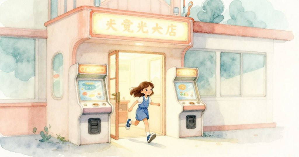 格蕾塔穿著藍色服裝進入拱廊，腳踏橡膠地板，臉上流露出好奇與期待，背景有柔和霓虹燈與經典遊戲機