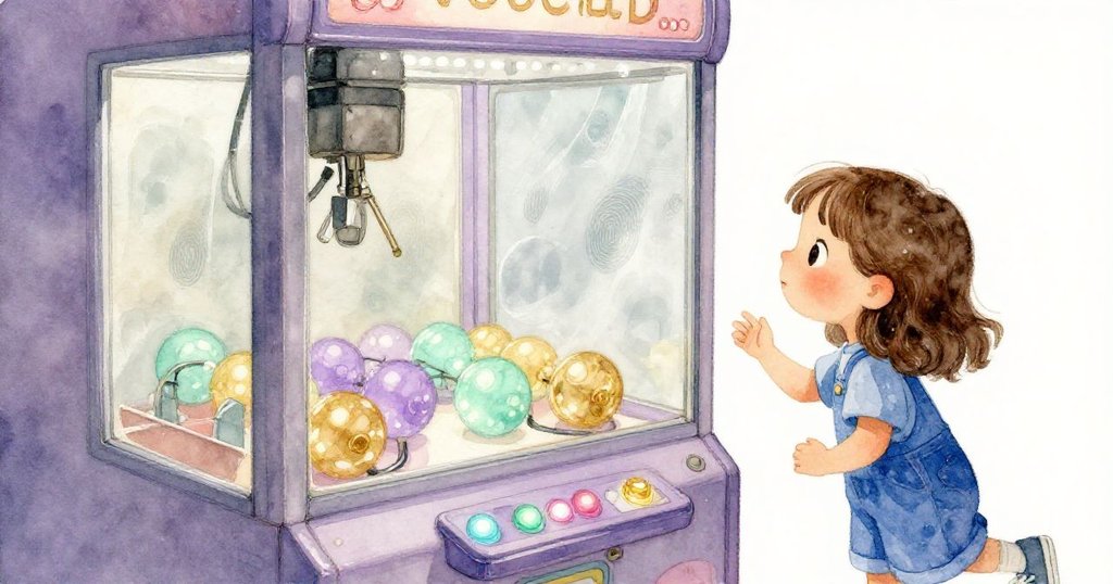 格蕾塔靠近老舊抓娃娃機，仔細觸摸玻璃上模糊指紋和閃爍燈光，眼中滿是驚奇