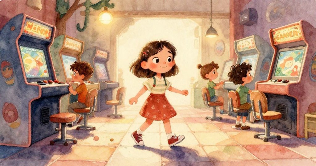 拱廊中的抓娃娃機內部，由LED燈光變幻，毛絨玩具猶如水母般漂浮，空間扭曲展現夢幻不可能的幾何感