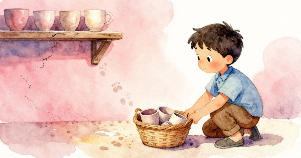 亞特拉斯蹲在工桌邊，仔細觀察灰燼足跡及架板裂痕，溫暖光影中充滿探索的專注情緒。