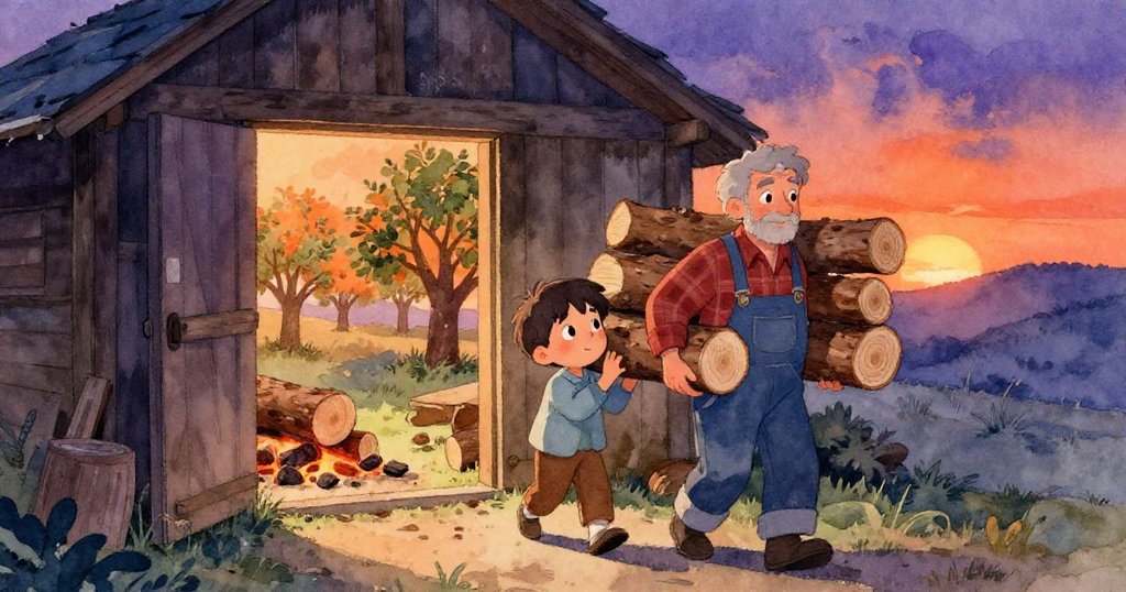 格倫提著橡木柴進入小屋，背景透出金色果園輕光，亞特拉斯凝視中現驚訝與關注神情。