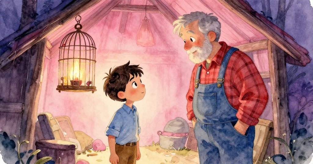 亞特拉斯與格倫眼神交流，彼此默契流露溫情，搖曳鳥籠散發柔和金光，室內火光映出心靈共鳴。