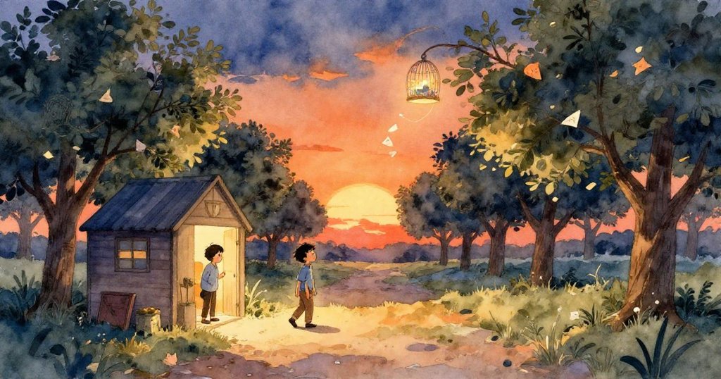 亞特拉斯放鬆呼出氣息，轉向開闊果園之路，夕陽映照下臉上展現堅定與輕鬆情感，溫暖意境中前行。