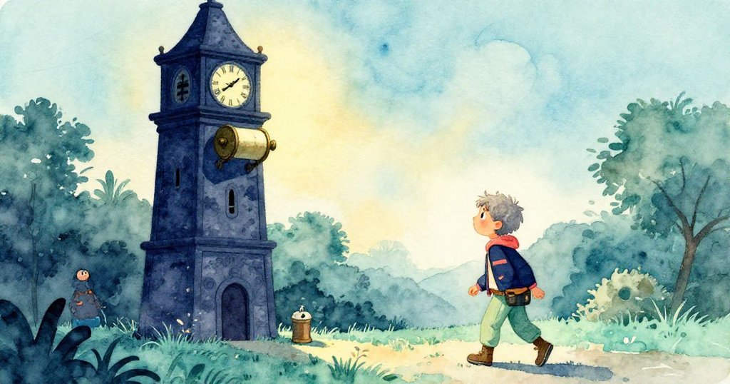 Grey站在古老鐘樓前觀察倒翻油壺，背景呈現深海軍藍與海藻綠，充滿好奇與期待的情緒