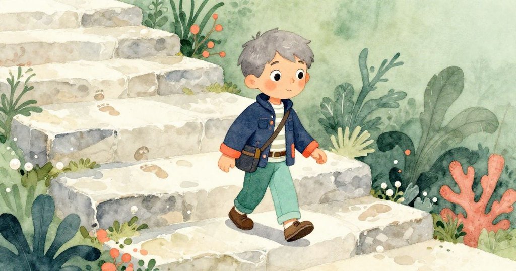 Grey沿著古石台階前行，足跡清晰，台階上有苔蘚點綴，展現堅定探索之情