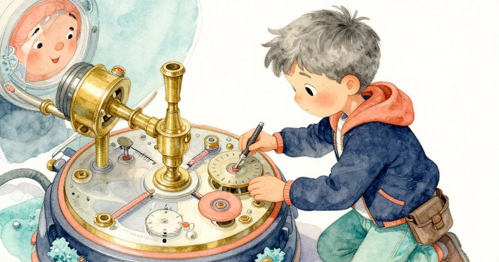 從高角度觀察，Grey正認真檢查鐘樓內精細機械，油壺與銅色細節清晰呈現，充滿專注與發現之情