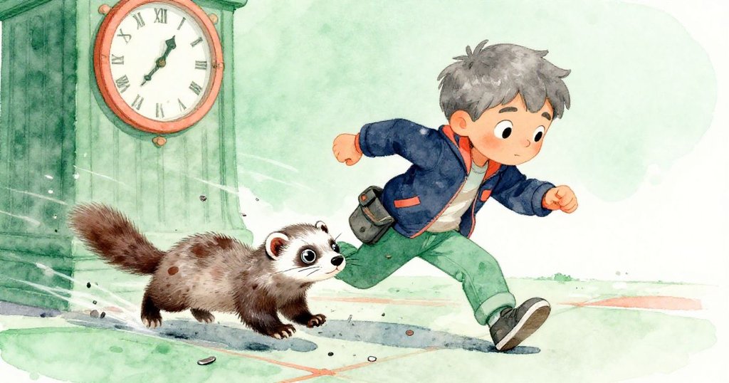 一隻沾油的秋鼠突然沖出，快速穿越鐘樓地面散落金屬碎屑，Grey驚覺現場混亂，動感十足