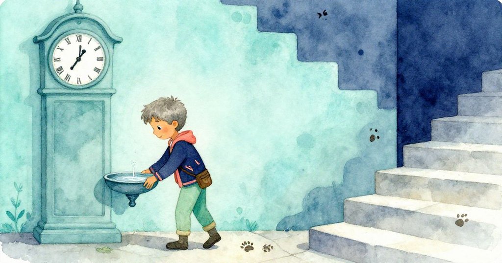 Grey在鐘樓入口處放下水盤，緩緩下樓，留下秋鼠足跡，場景充滿神秘暖意與延續冒險的期待