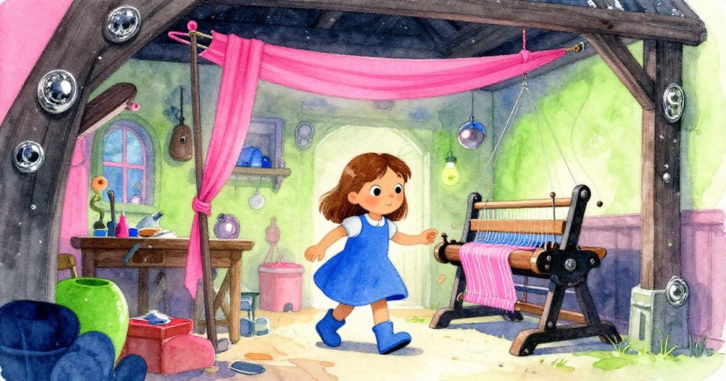 莉莉好奇地踏入充滿舊時魅力的工作室,眺望懸掛歪斜的梭子與古舊織機,神情充滿驚喜與期待。