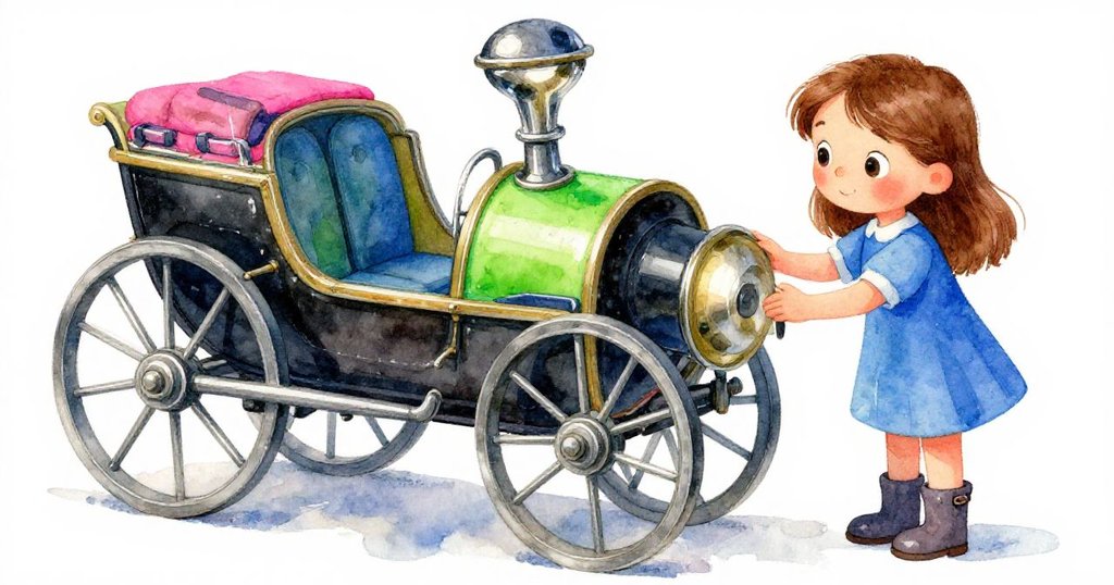 莉莉伸手觸摸斑駁梭子細節,聚焦金屬光澤與歷史痕跡,場景細膩展現古舊機械魅力。