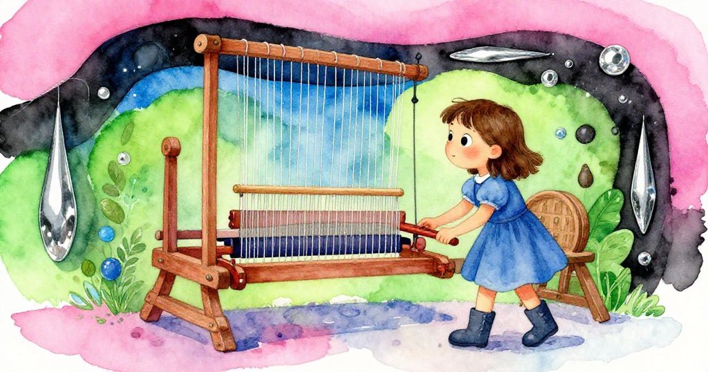 莉莉凝神注視著織機規律的敲擊,背景層次豐富展現古舊機械與神秘光影,滿懷好奇。