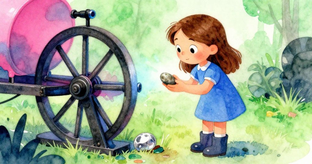 莉莉蹲身仔細觀察梭中神秘卵石,眼神充滿疑問與抉擇,古舊工作室氛圍濃郁。