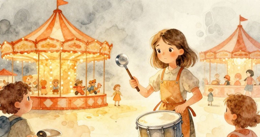 在夕陽金光下，Kira在遊樂場中小心撒糖於銀鼓上，畫面部分展現隱約熱鬧場景，神情專注而神秘。