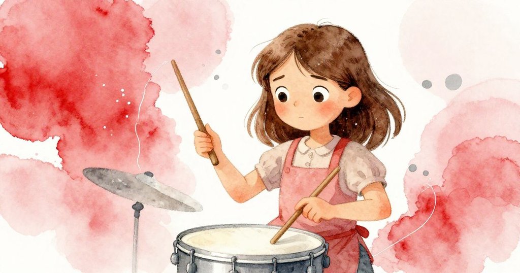 低角度展現Kira專注撫摸銀鼓邊，手穩糖線輕觸指尖，神情既堅毅又充滿溫柔，背景柔和燈光襯托。