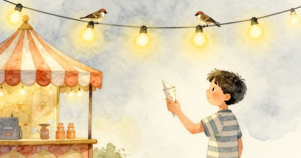 在金黃色暖光下，Bram於遊樂場角落細數紙錐，旁邊條紋帳篷與燈泡上棲伏兩隻小鳥，時光靜好漫流。