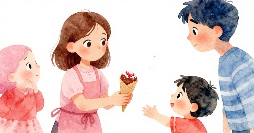 Bram遞上新紙錐，Kira手中飄散糖霧映照孩子急切微笑，動感場景中呈現因果巧合，溫馨又趣味。