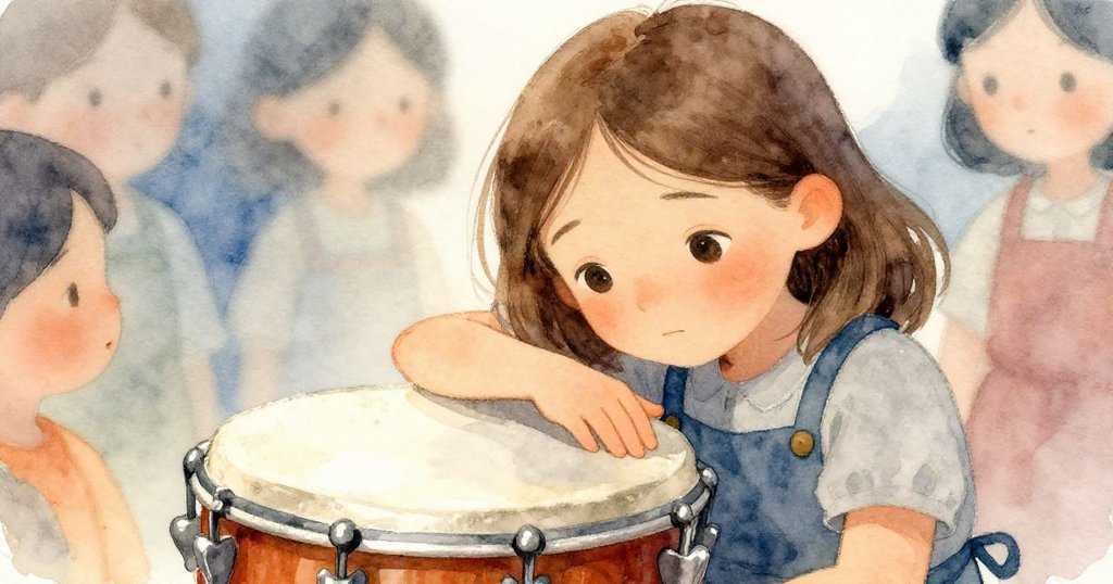 夜晚中，Kira靜坐於遊樂場旁，手輕觸溫暖銀鼓，神情安寧微笑，糖塵與柔光襯托平和餘韻。