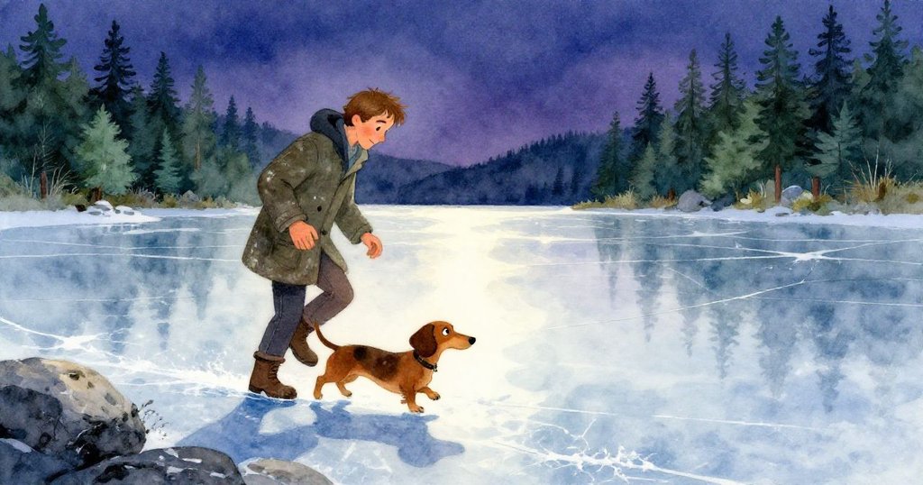 黎明時分，Reed和短腿狗從岩石岸邊踏入結冰湖面光影交錯，充滿期待與神秘感。