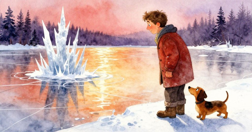 Reed注意到冰面上奇異的琥珀光澤與碎種子形成鮮明對比，心存好奇，寧靜中顯現細膩變化。