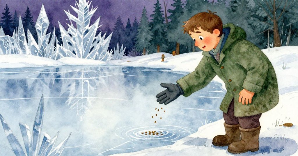 從Reed背後看見他雙手灑落種子，冰面反射光芒，呈現急切與專注的情感。