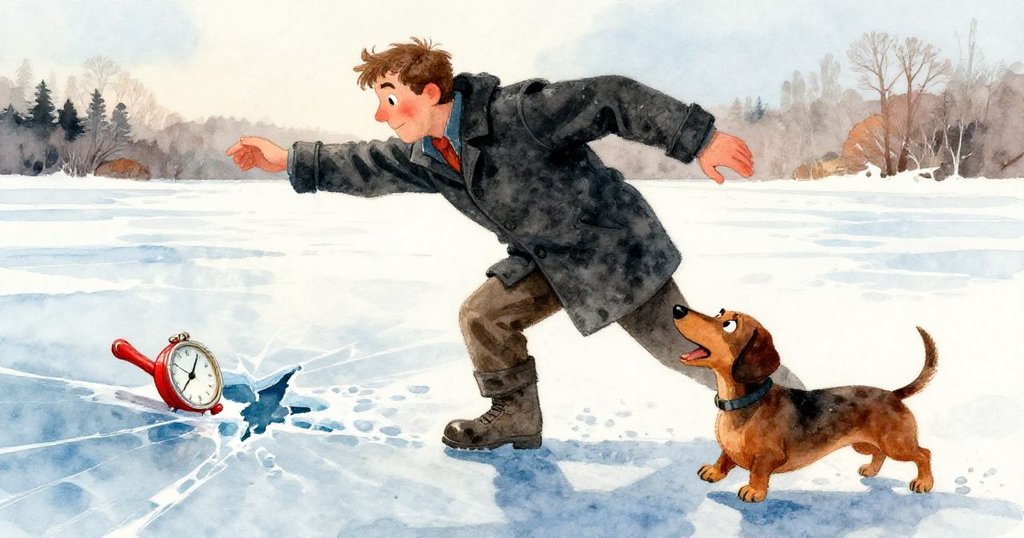 Reed急速側身捕捉滑落手錶，忠誠小狗伴隨叫喊，冰層微裂間展現緊張瞬間。