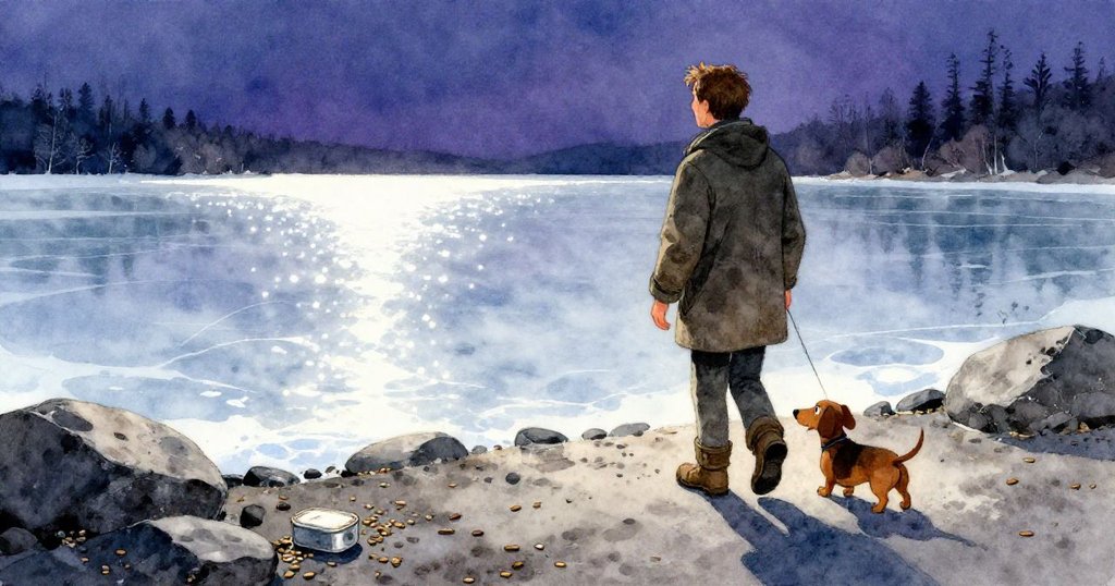 Reed與小狗攜手回望冰面，散落物件小巧斑斕，黎明光色中展現平靜結局。