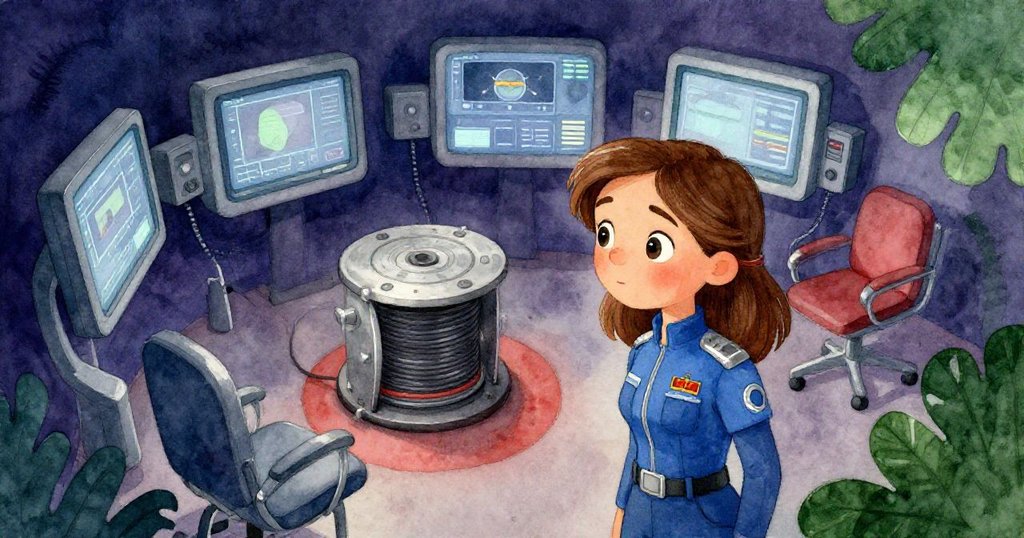 Ruby在昏暗的作業室中操作儀器，從高處俯瞰顯示器閃爍、轉動電纜鼓與空椅，表情專注與神秘充滿探索感。