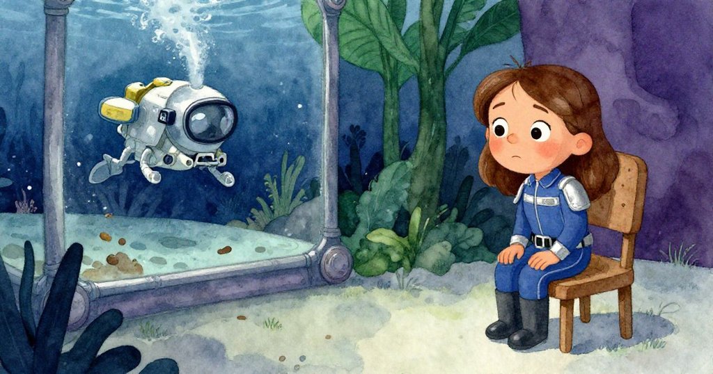 畫面分為兩邊，一邊的顯示器中顯示著水下飄浮的砂粒與舊管道，另一邊的Ruby凝視空椅，流露出擔憂與好奇的神情。