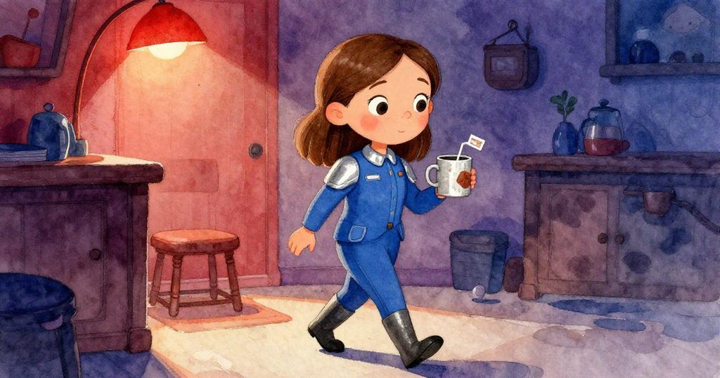 Ruby走進溫暖的艙內餐廳，手持有痕跡的杯子和可可粉，臉上流露反思神情，場景從作業室過渡到溫馨空間。