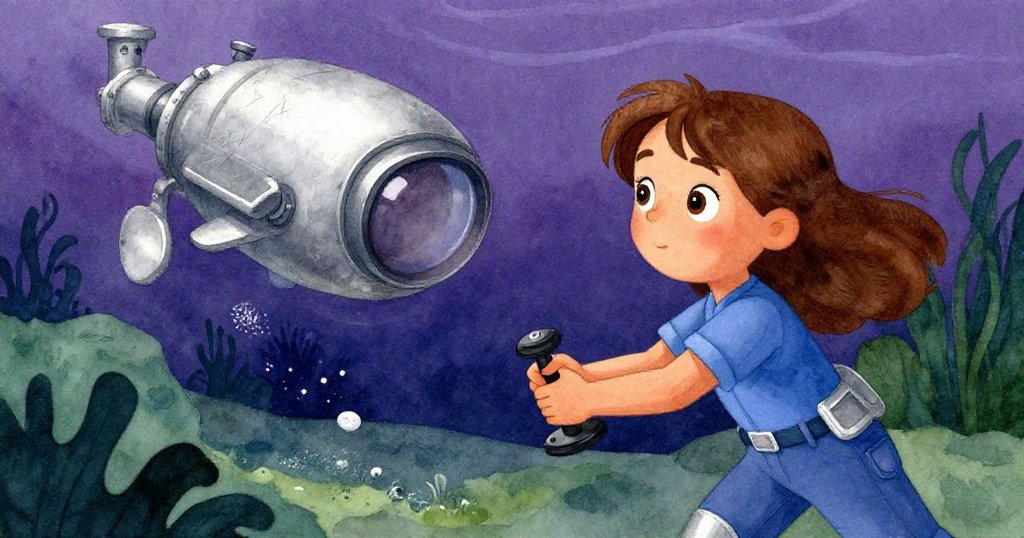 Ruby操作搖桿控制水下機器人，強光照出舊管上細微刮痕與飄散砂粒，畫面展現出動作與結果連鎖的緊張氛圍。