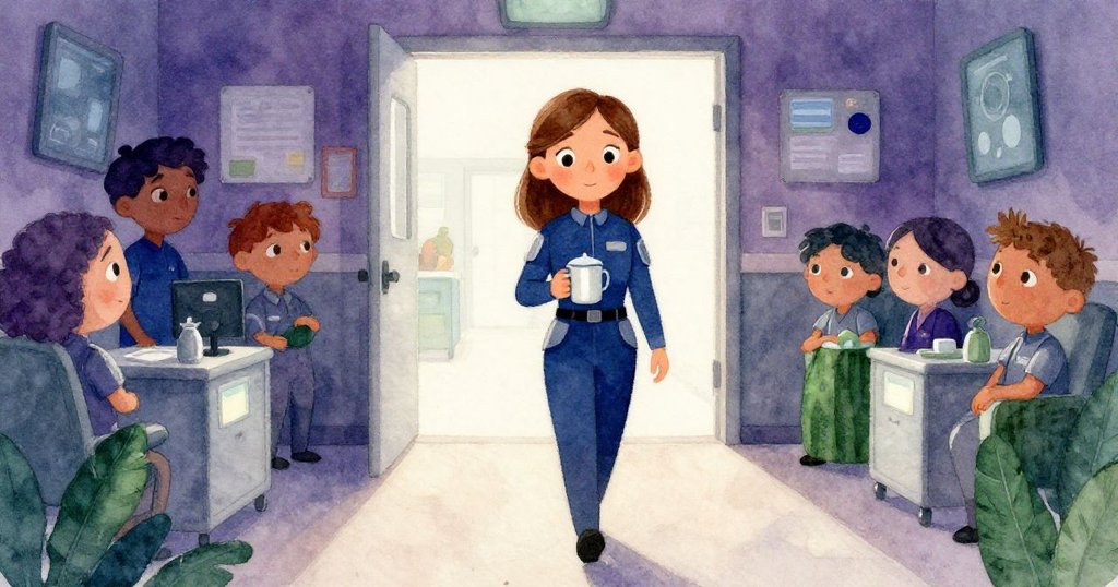 Ruby站在光影交錯的艙室中，手持杯蓋穩步前進，象徵著告別過去並迎向未知，新路在前展現堅定決心。