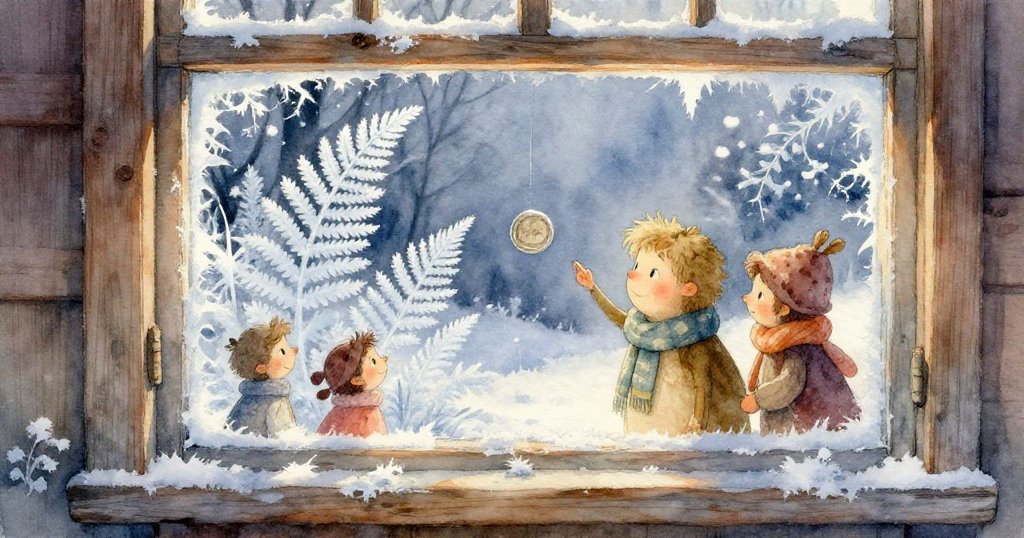 寒冷的清晨，Rafe在覆滿霜花的窗戶旁伸手觸摸冰封玻璃，流露好奇與期待，庭院靜謐映襯。