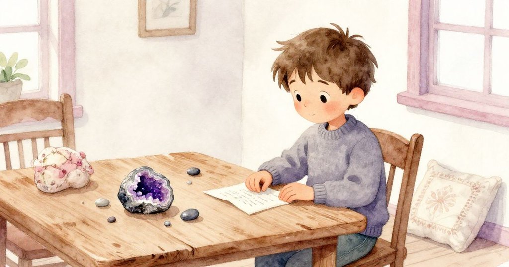 室內空曠桌面上，Rafe認真整理碎石、裂變石英與舊枕布，神情專注，空間寧靜溫馨。